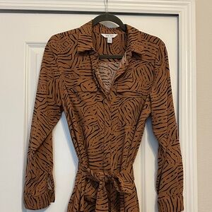 Nine West Brown and Black Animal-Print Long-Sleeve Shirt Dress